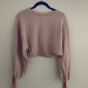 Cropped Light Pink Sweater with Ribbon Tie Sleeves